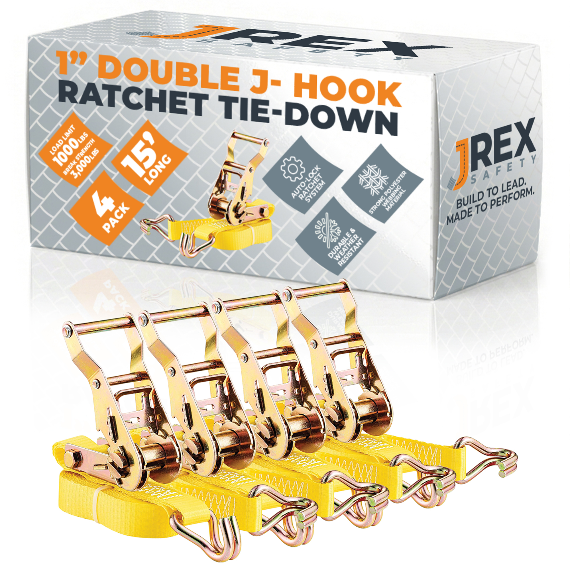 4 Pack HD Ratchet Straps with Double J Hooks - Yellow 1" x 15' Tie Downs